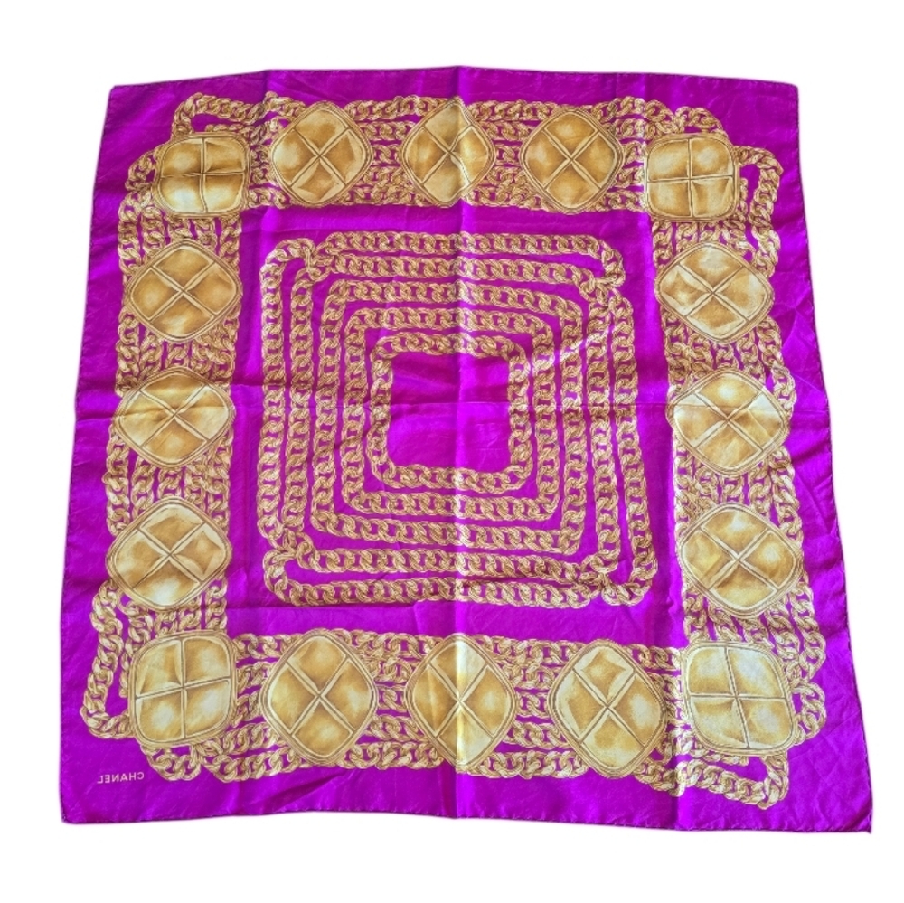 Chanel Fushia Pink Gold Vintage Square Silk Scarf - Picture 2 of 3